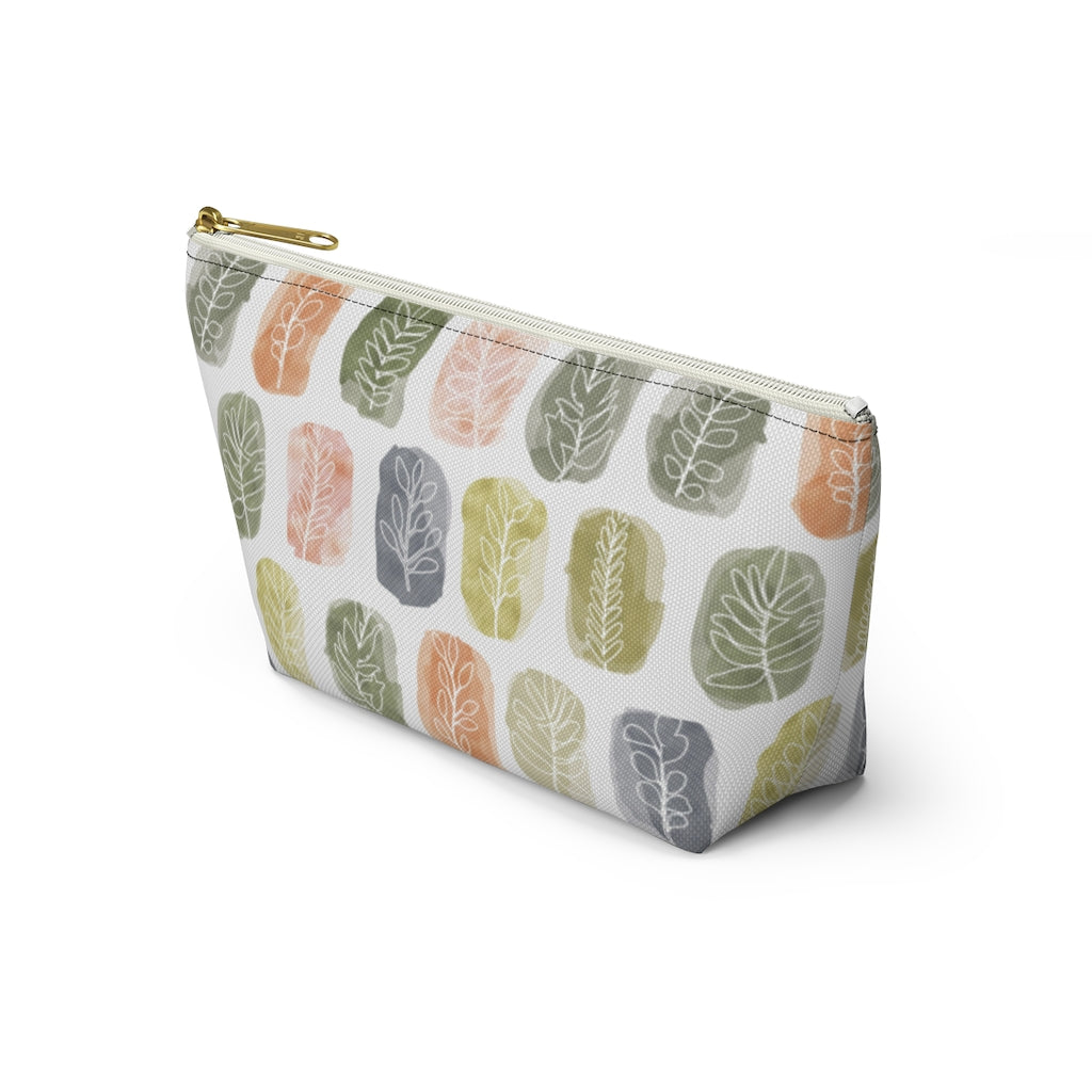 Watercolor Leaf Stamp Accessory Pouch w T-bottom in Green