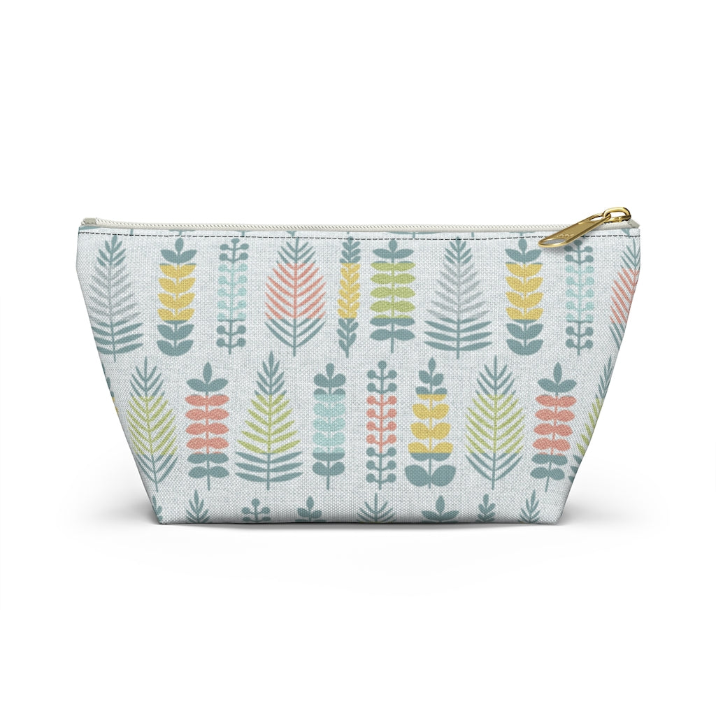 Stamped Leaves Accessory Pouch w T-bottom in Aqua