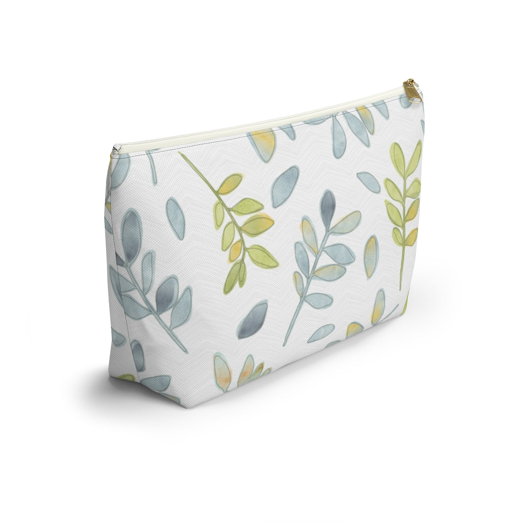 Watercolor Tossed Leaves Accessory Pouch w T-bottom in Aqua