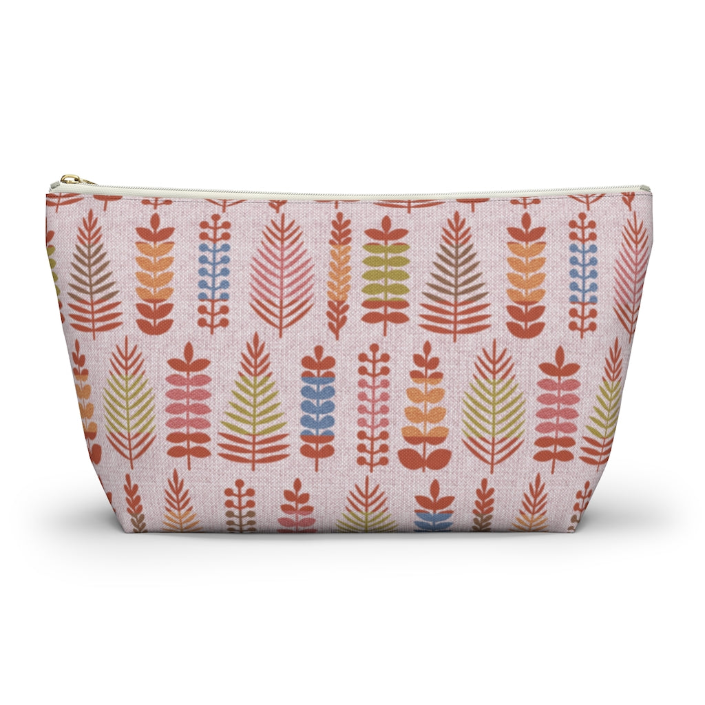 Stamped Leaves Accessory Pouch w T-bottom in Red
