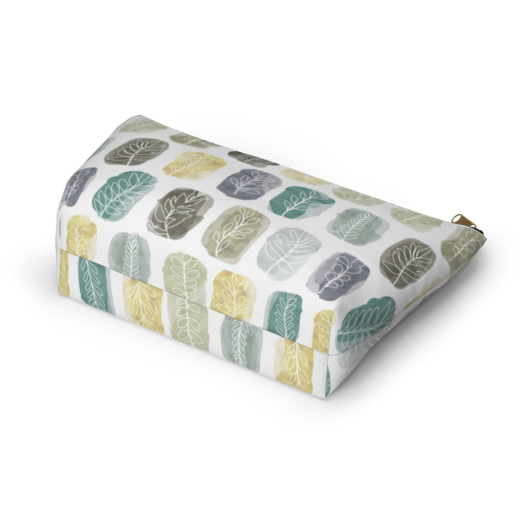 Watercolor Leaf Stamp Accessory Pouch w T-bottom in Teal