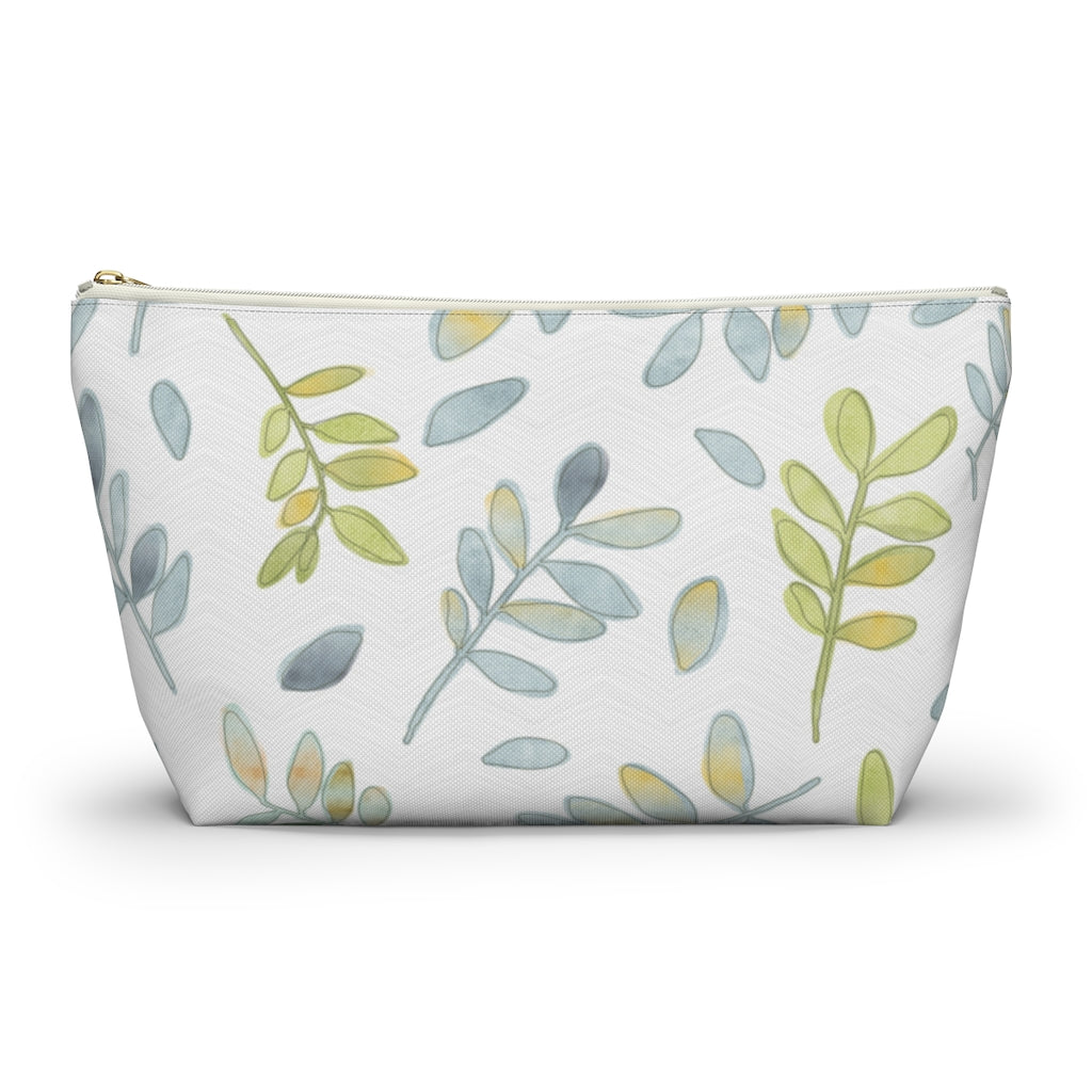 Watercolor Tossed Leaves Accessory Pouch w T-bottom in Aqua