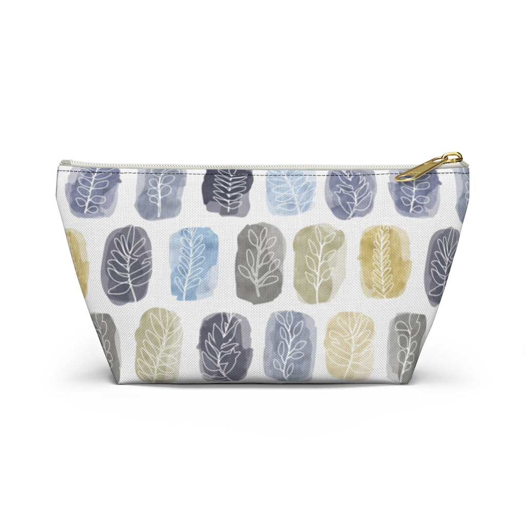 Watercolor Leaf Stamp Accessory Pouch w T-bottom in Navy