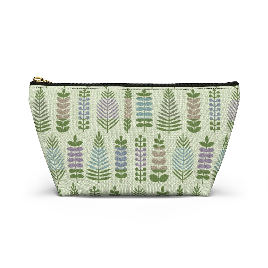 Stamped Leaves Accessory Pouch w T-bottom in Green