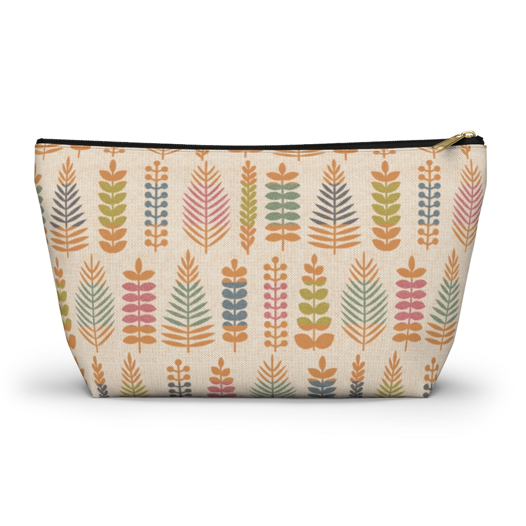 Stamped Leaves Accessory Pouch w T-bottom in Orange