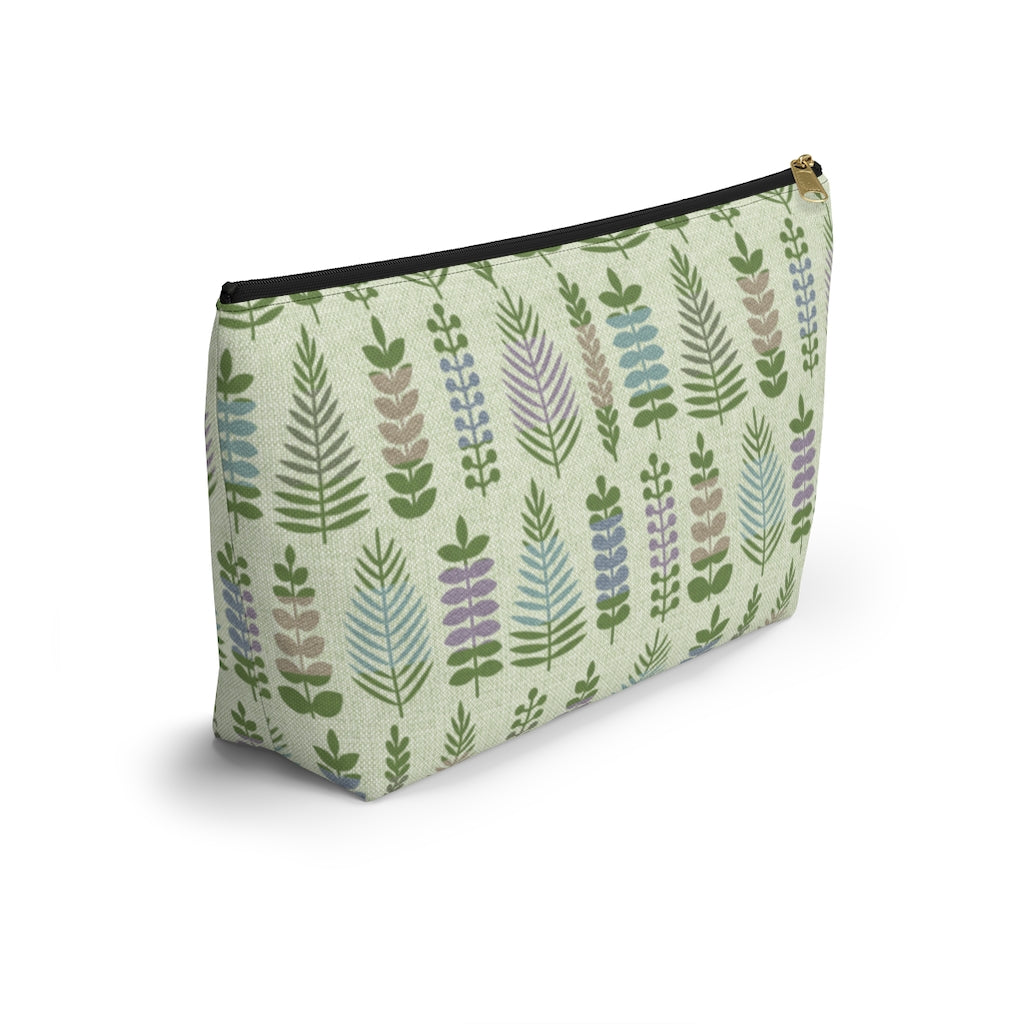 Stamped Leaves Accessory Pouch w T-bottom in Green