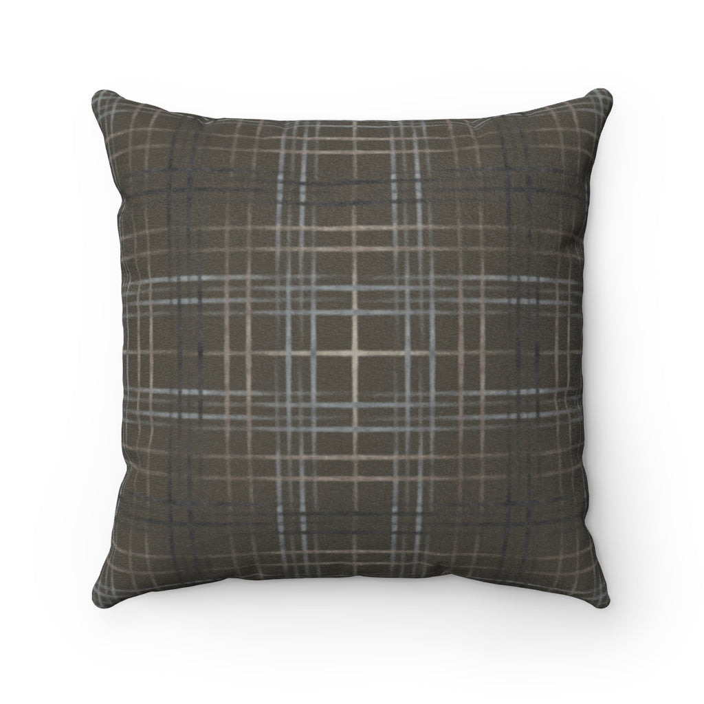 Painterly Plaid Square Throw Pillow in Brown