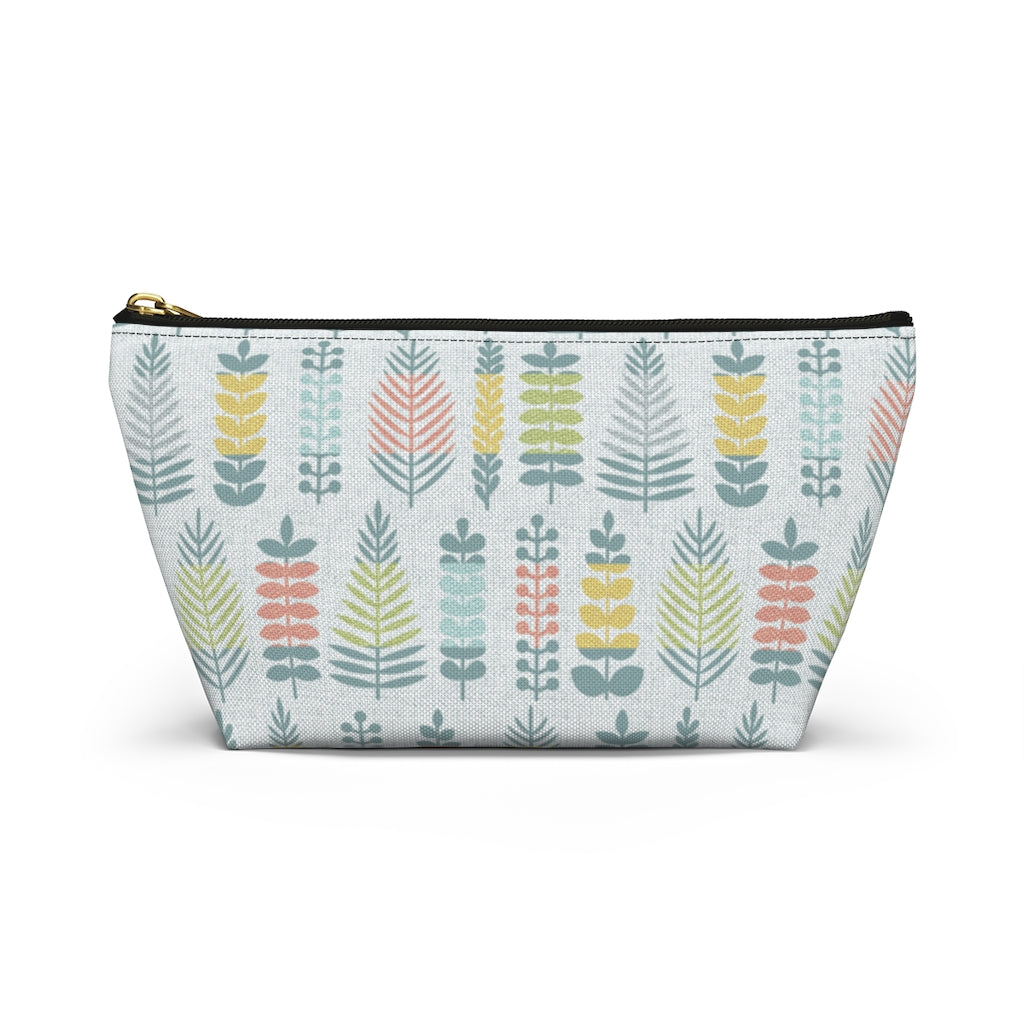 Stamped Leaves Accessory Pouch w T-bottom in Aqua