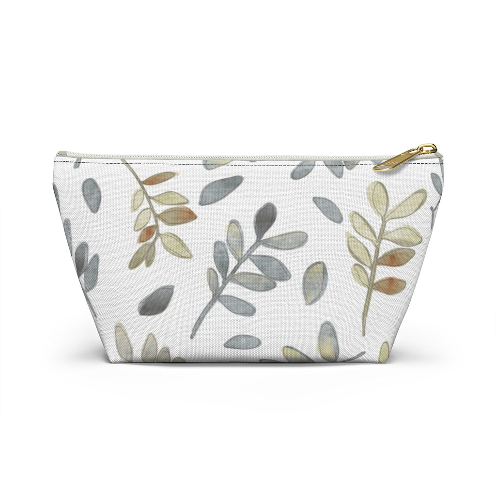 Watercolor Tossed Leaves Accessory Pouch w T-bottom in Gray