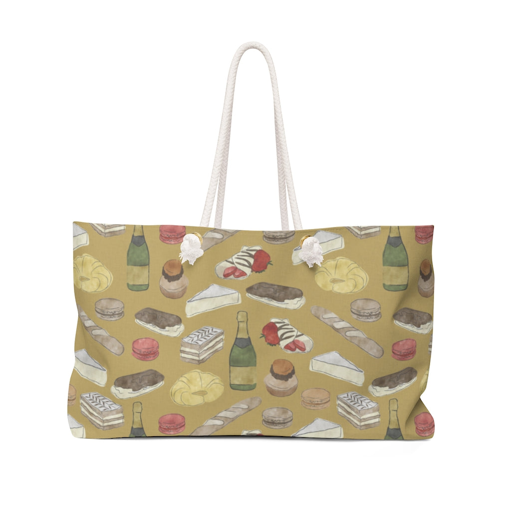 Watercolor French Pastries Weekender Bag in Gold