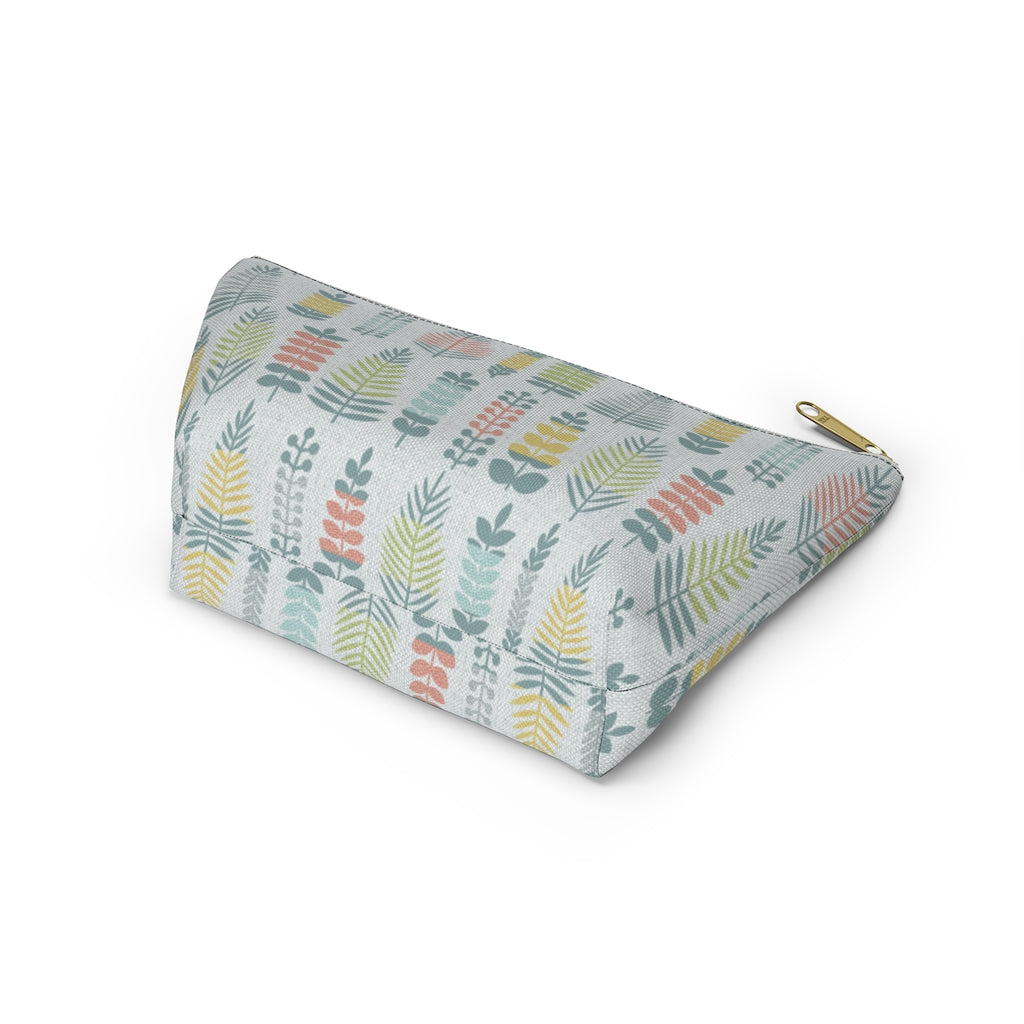 Stamped Leaves Accessory Pouch w T-bottom in Aqua