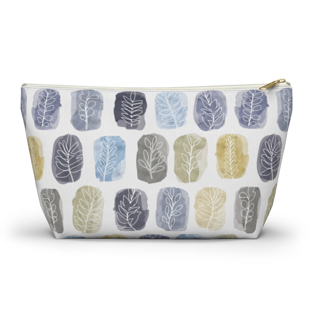 Watercolor Leaf Stamp Accessory Pouch w T-bottom in Navy