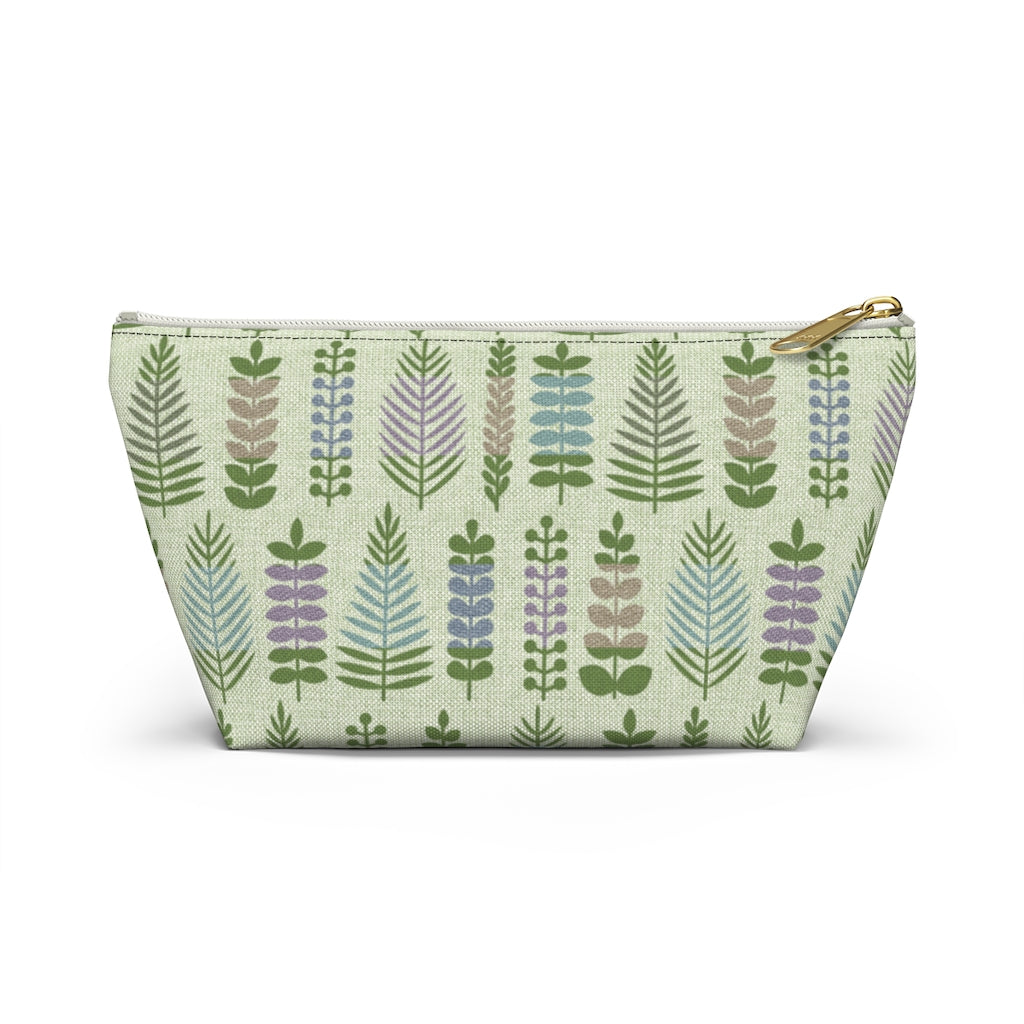 Stamped Leaves Accessory Pouch w T-bottom in Green