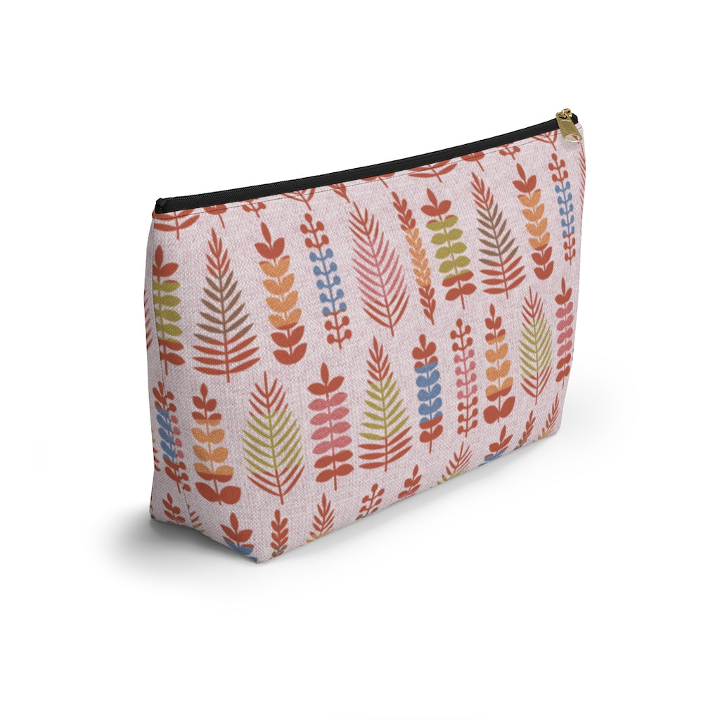 Stamped Leaves Accessory Pouch w T-bottom in Red