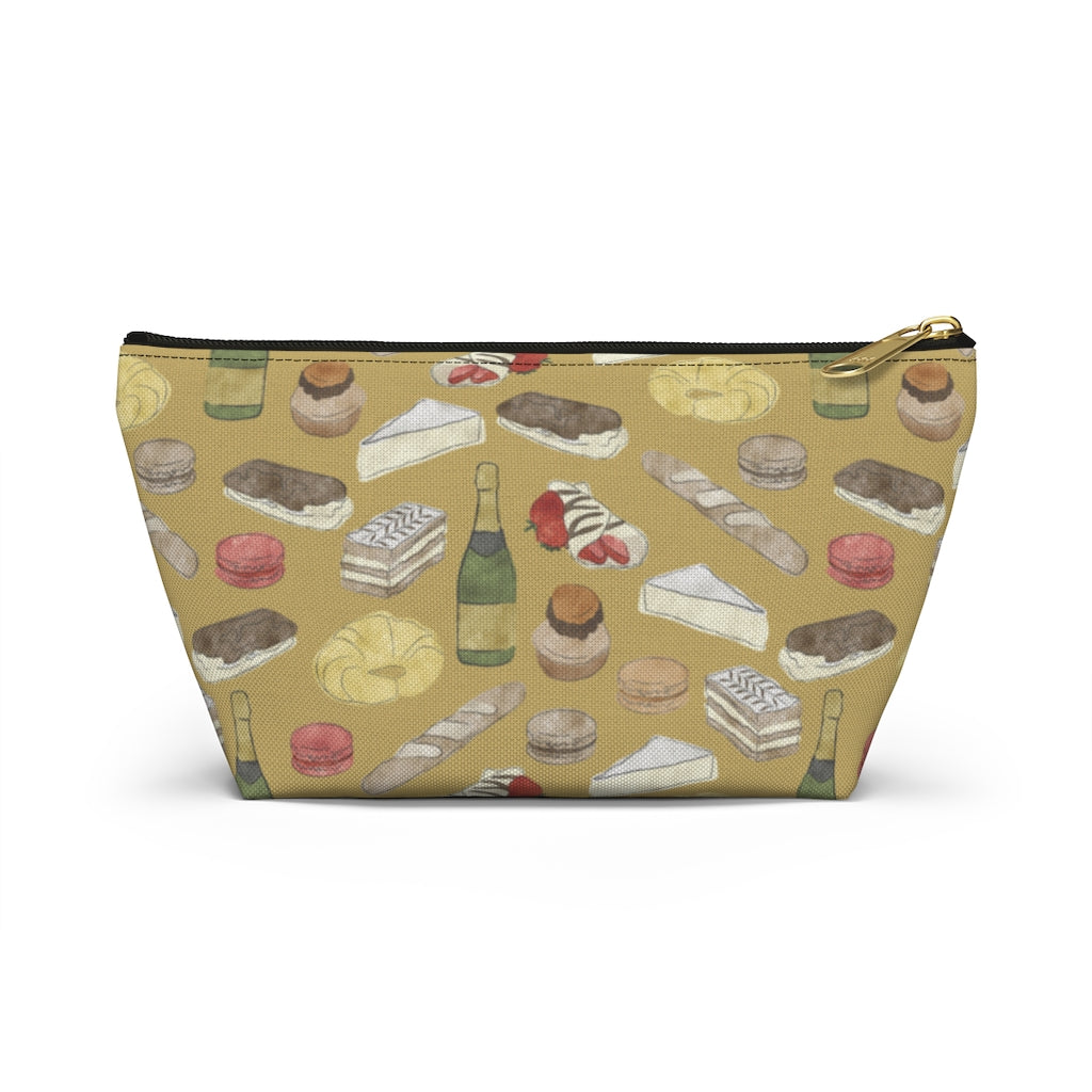 Watercolor French Pastries Accessory Pouch w T-bottom in Gold