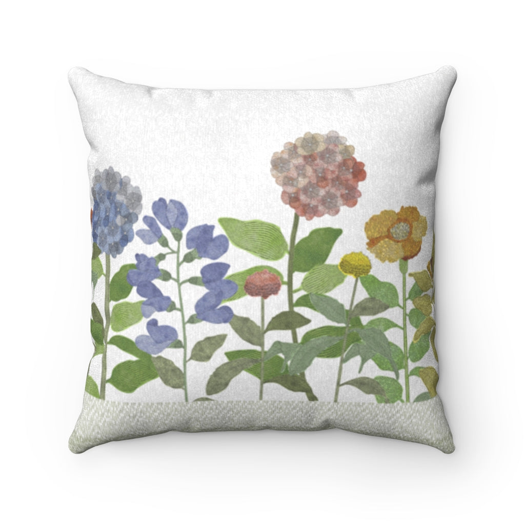 Illustrated Flowers Square Throw Pillow in Green