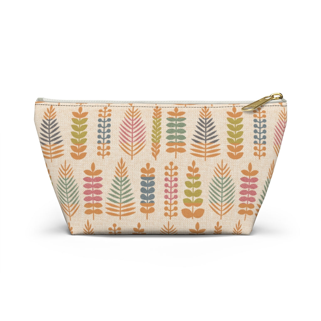 Stamped Leaves Accessory Pouch w T-bottom in Orange