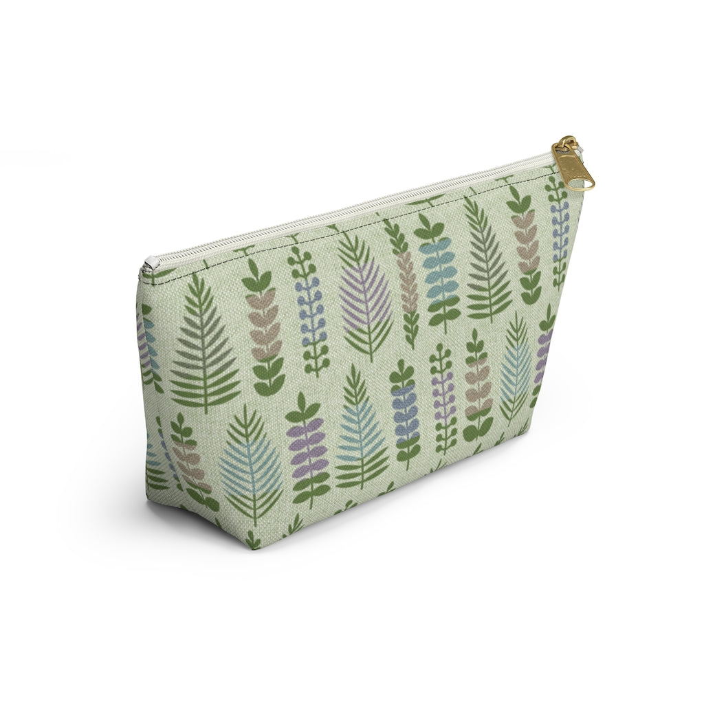 Stamped Leaves Accessory Pouch w T-bottom in Green