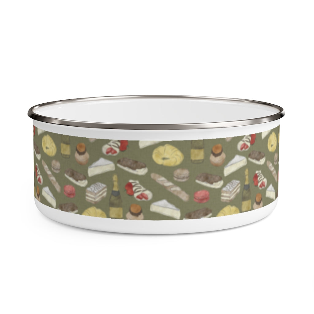 Watercolor French Pastries Enamel Bowl in Green