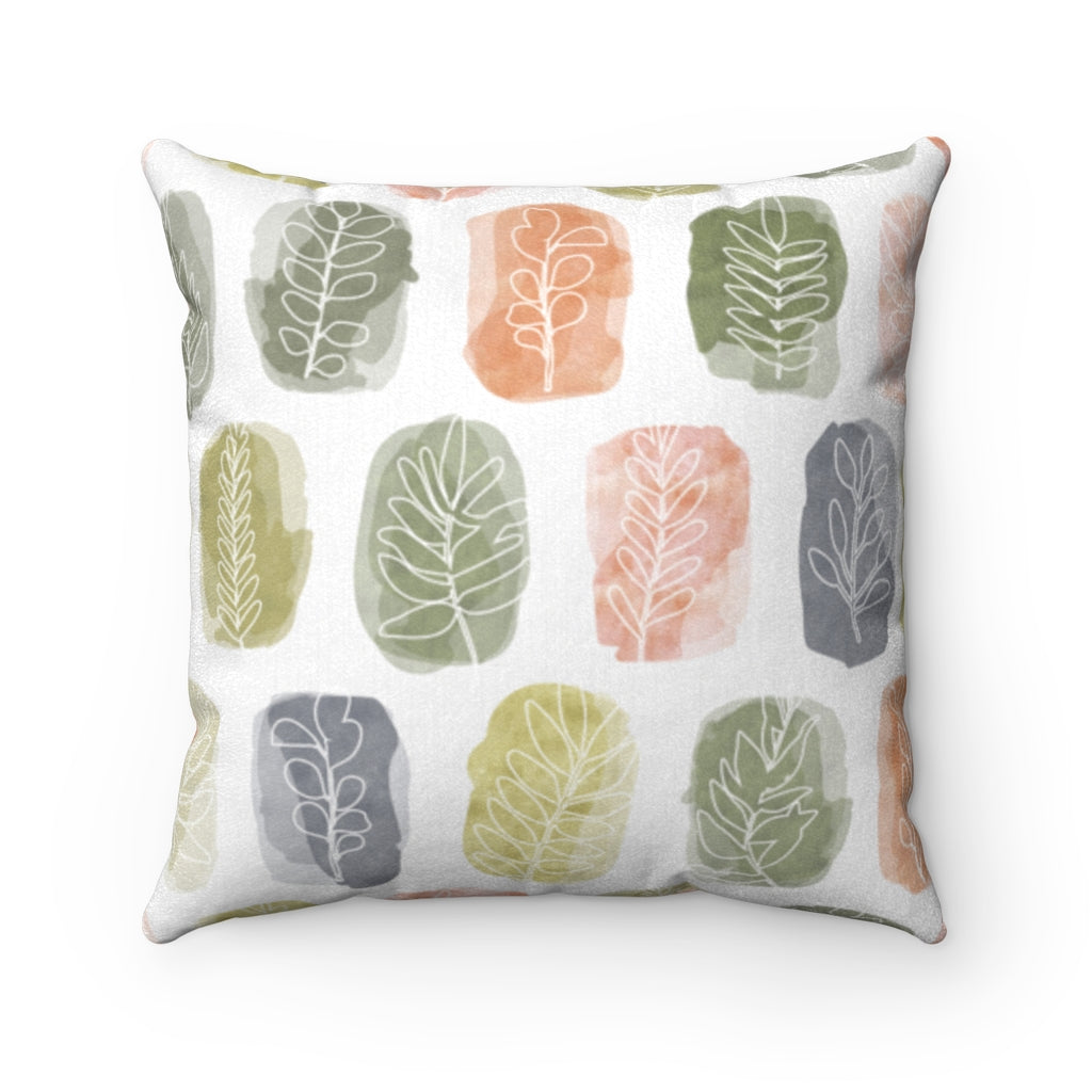 Watercolor Leaf Stamp Square Throw Pillow in Green