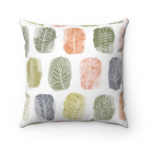 Watercolor Leaf Stamp Square Throw Pillow in Green