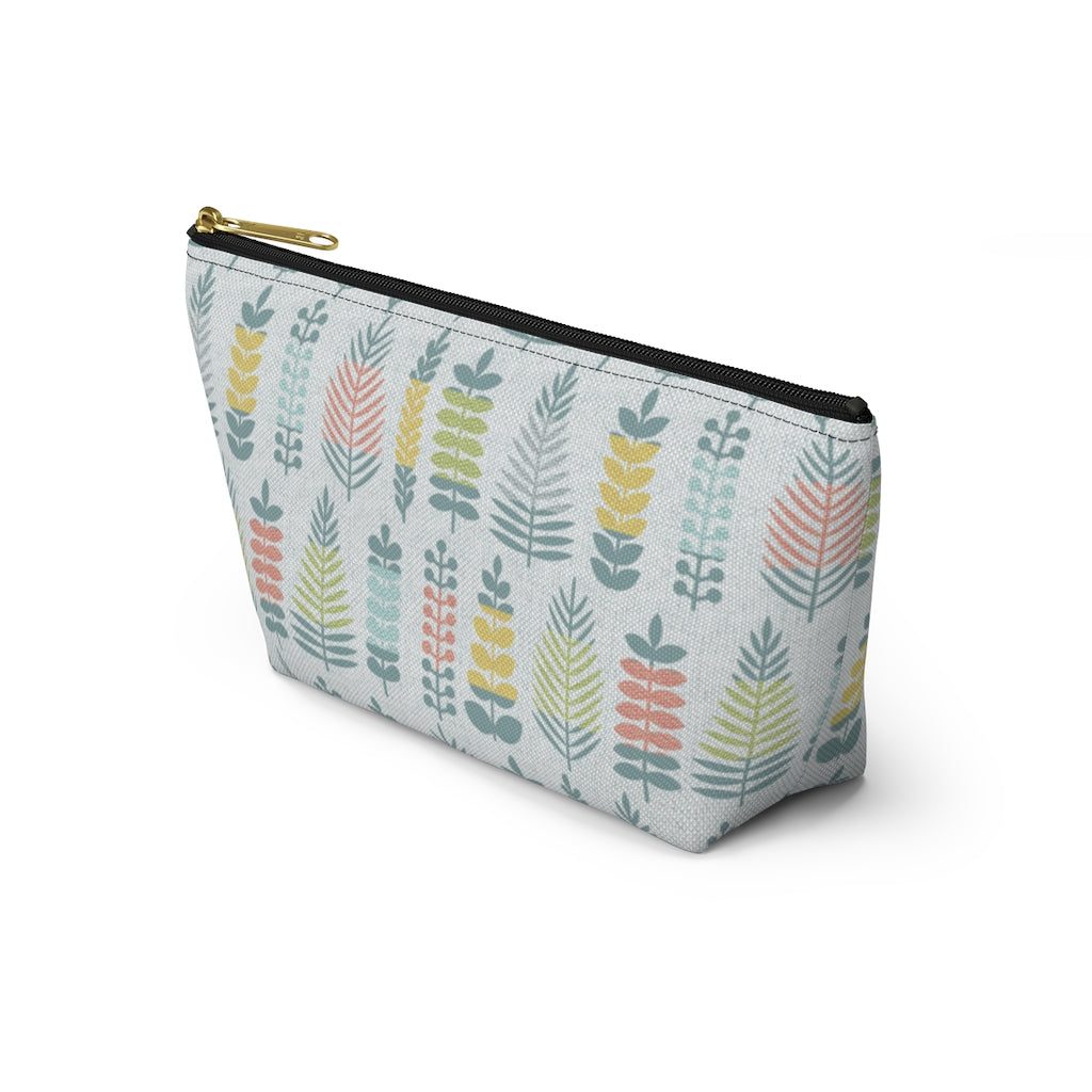 Stamped Leaves Accessory Pouch w T-bottom in Aqua