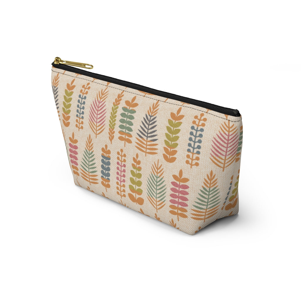 Stamped Leaves Accessory Pouch w T-bottom in Orange