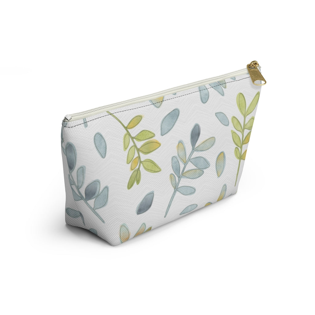 Watercolor Tossed Leaves Accessory Pouch w T-bottom in Aqua
