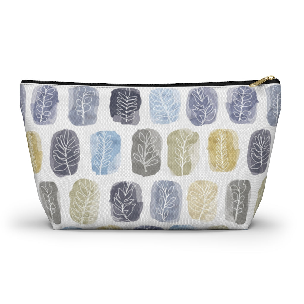 Watercolor Leaf Stamp Accessory Pouch w T-bottom in Navy