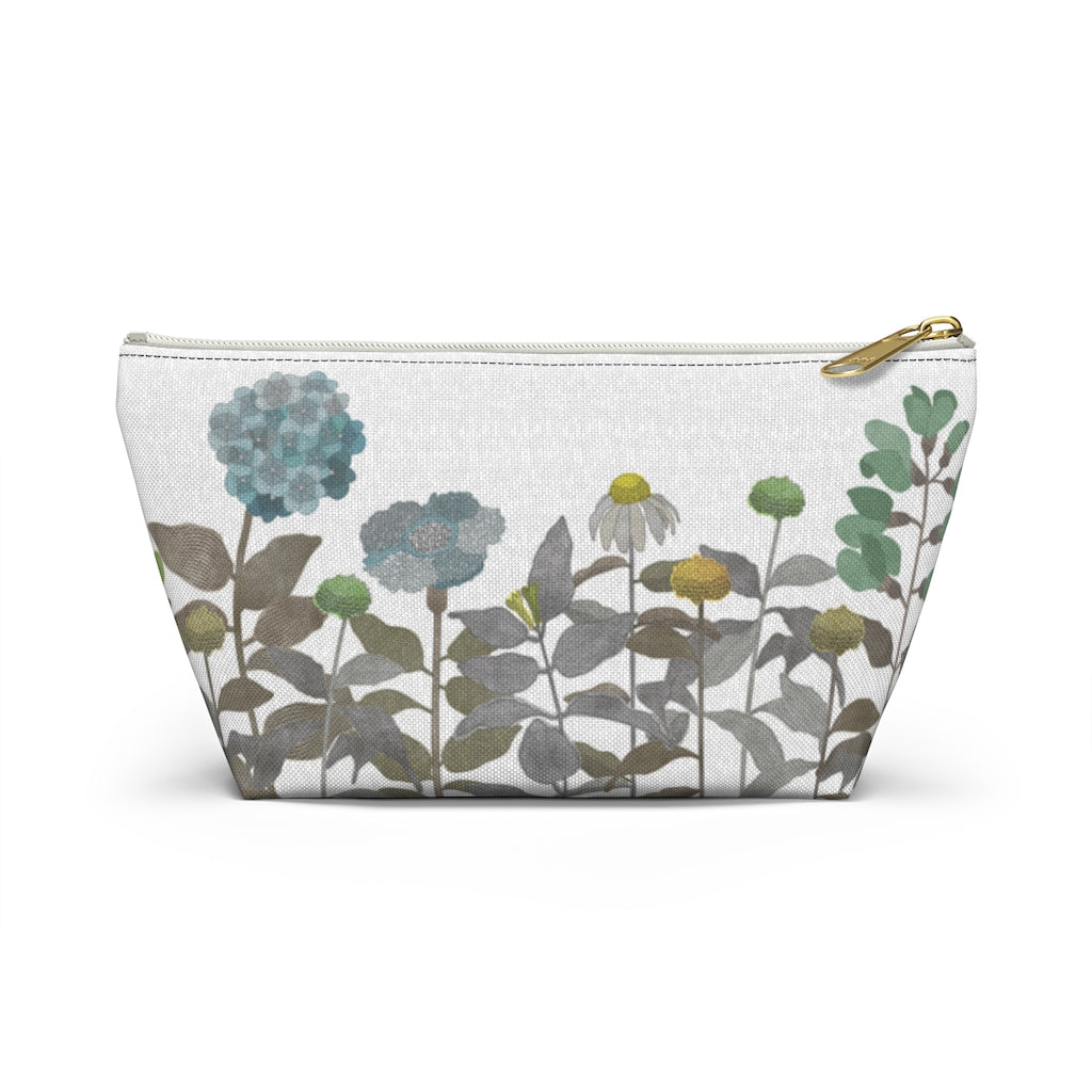 Illustrated Flowers Accessory Pouch w T-bottom in Brown