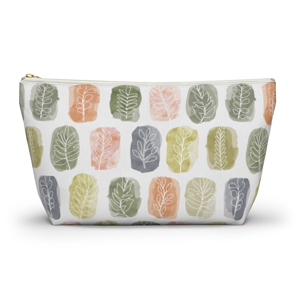Watercolor Leaf Stamp Accessory Pouch w T-bottom in Green