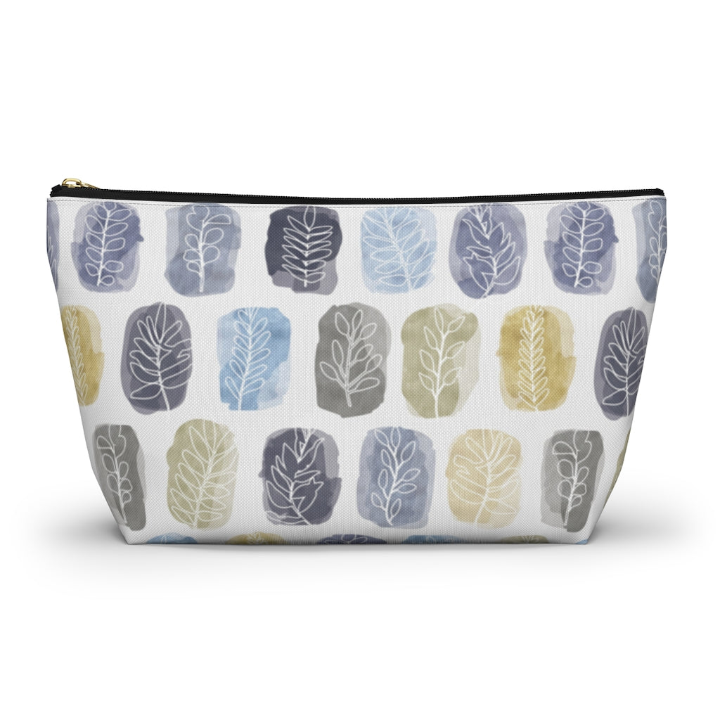 Watercolor Leaf Stamp Accessory Pouch w T-bottom in Navy