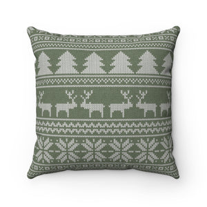 Reindeer Sweater Square Throw Pillow in Green