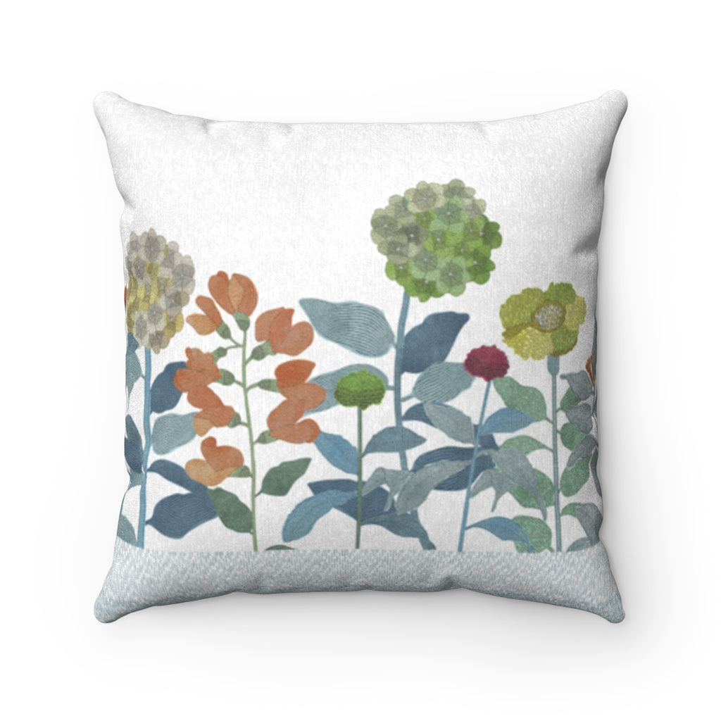 Illustrated Flowers Square Throw Pillow in Aqua