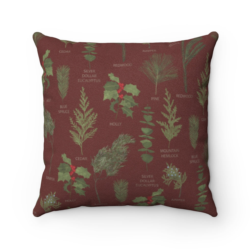 Holiday Greenery Square Throw Pillow in Red