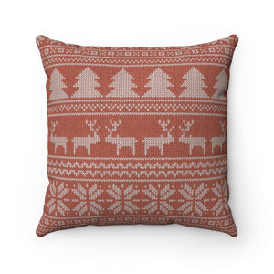 Reindeer Sweater Square Throw Pillow in Coral