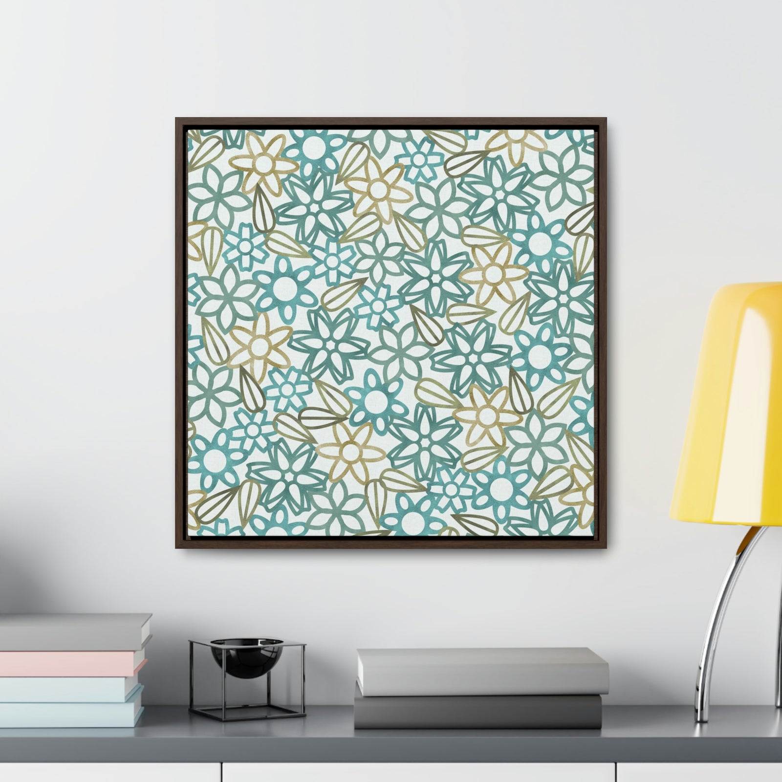 Floral Lace with Leaves Framed Gallery Wrap Canvas in Aqua