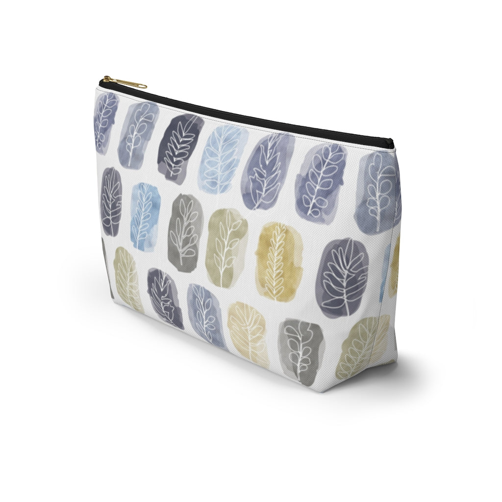 Watercolor Leaf Stamp Accessory Pouch w T-bottom in Navy