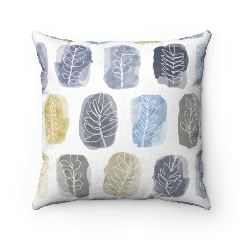 Watercolor Leaf Stamp Square Throw Pillow in Navy