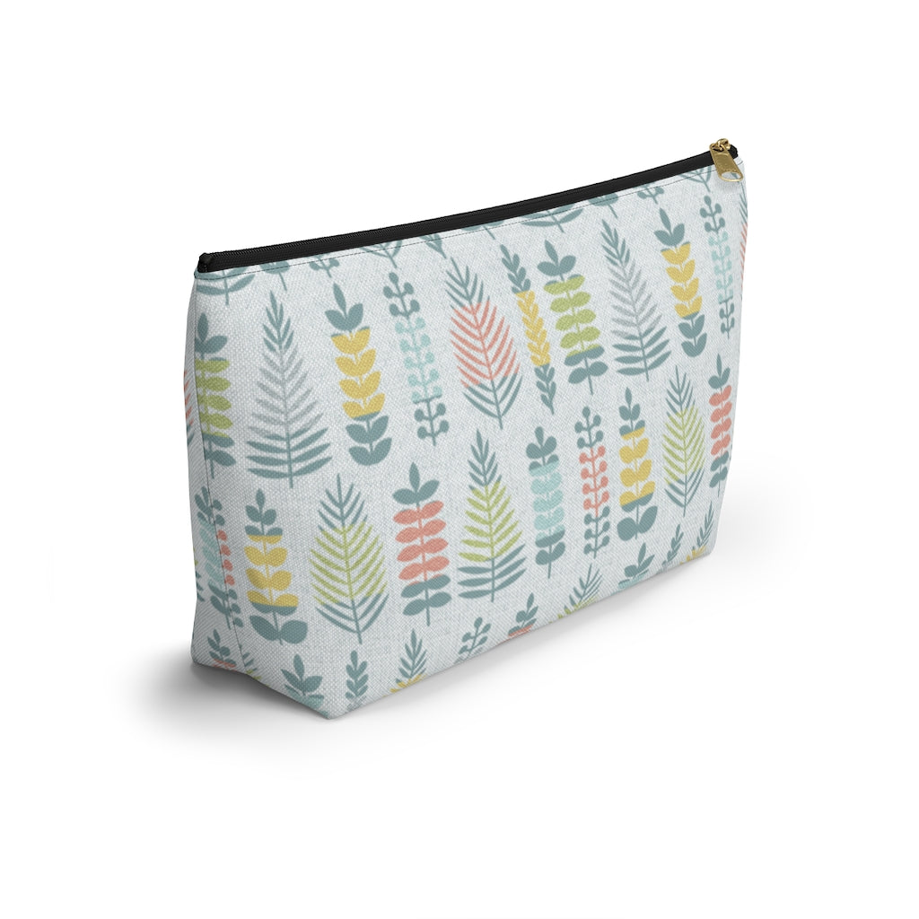 Stamped Leaves Accessory Pouch w T-bottom in Aqua