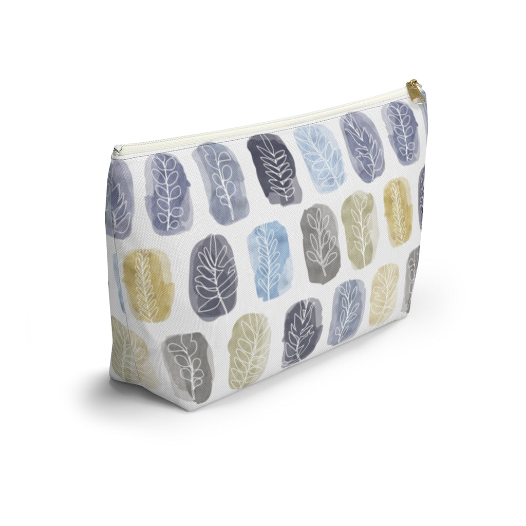 Watercolor Leaf Stamp Accessory Pouch w T-bottom in Navy