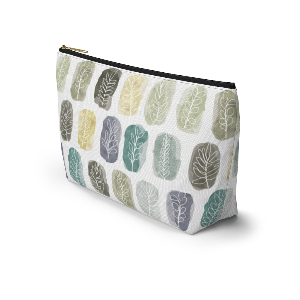 Watercolor Leaf Stamp Accessory Pouch w T-bottom in Teal