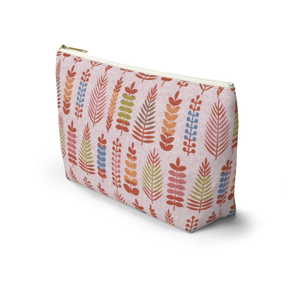 Stamped Leaves Accessory Pouch w T-bottom in Red