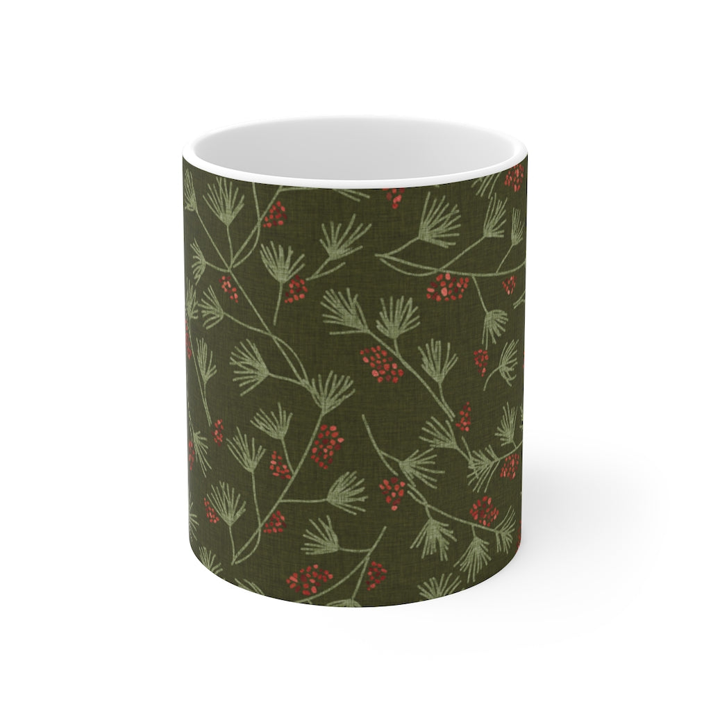 Pine and Berries Mug in Olive Green