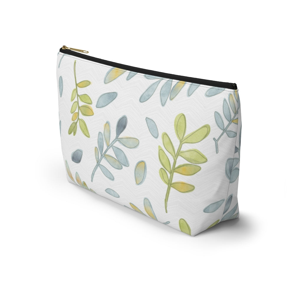 Watercolor Tossed Leaves Accessory Pouch w T-bottom in Aqua