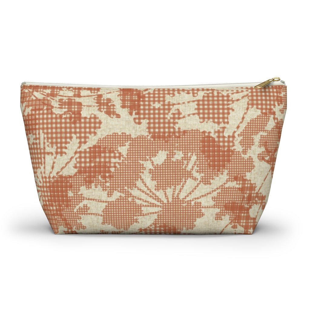 Floral Plaid Accessory Pouch w T-bottom in Orange