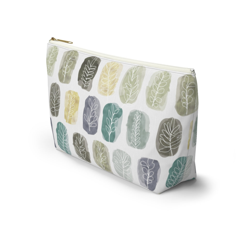 Watercolor Leaf Stamp Accessory Pouch w T-bottom in Teal
