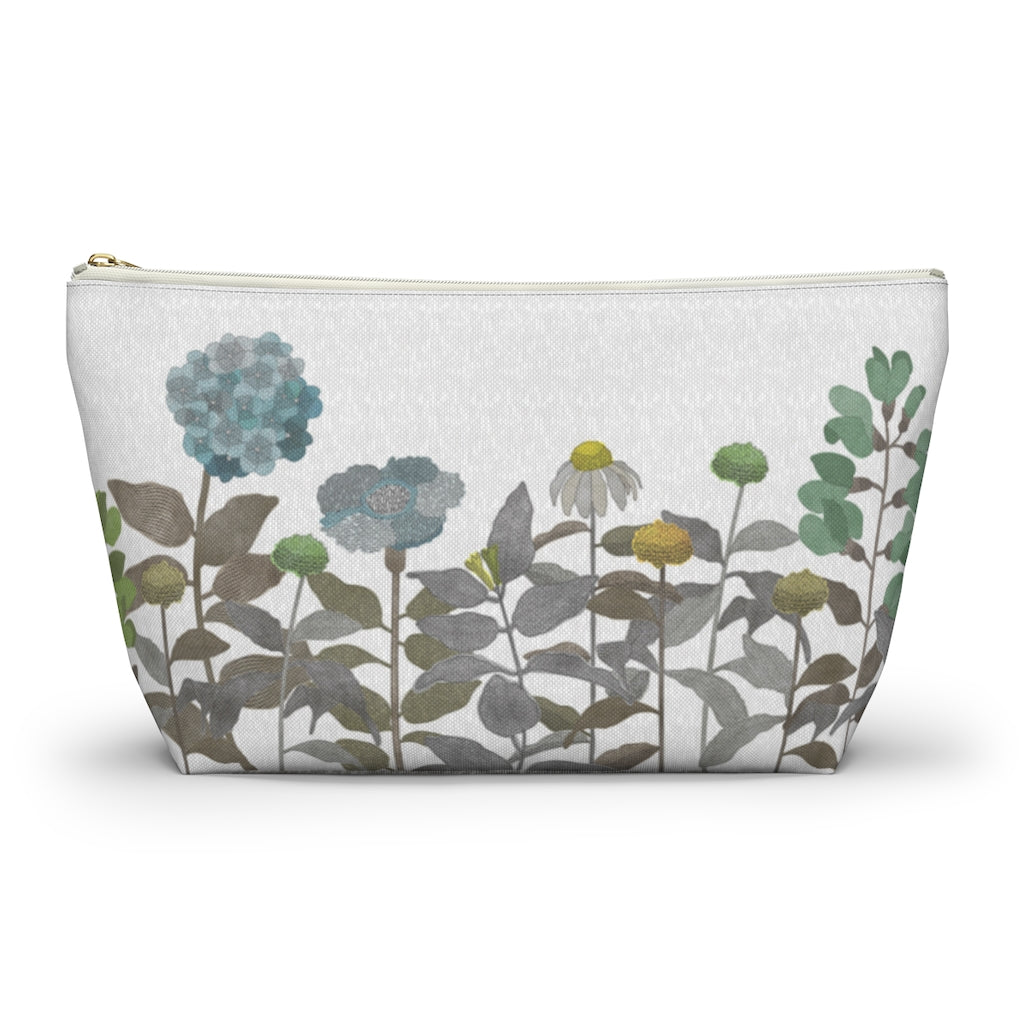 Illustrated Flowers Accessory Pouch w T-bottom in Brown