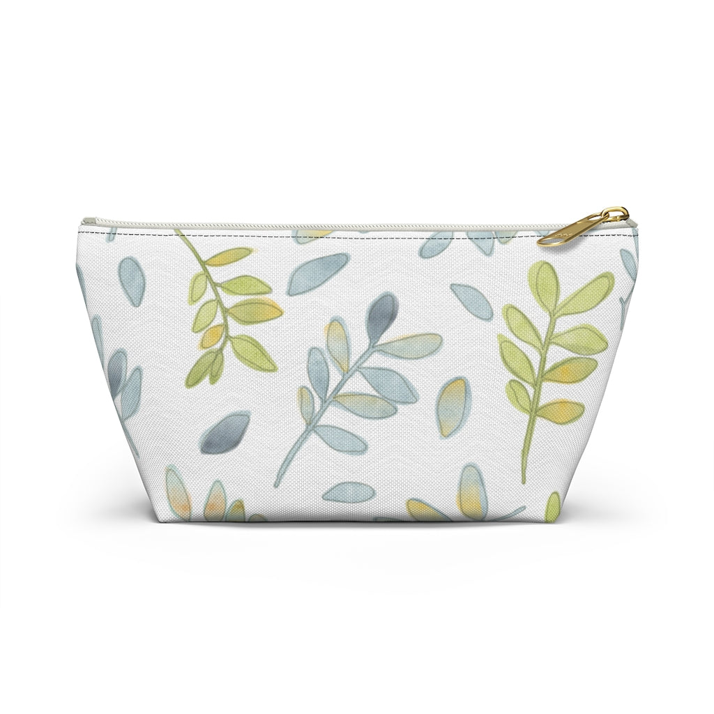 Watercolor Tossed Leaves Accessory Pouch w T-bottom in Aqua