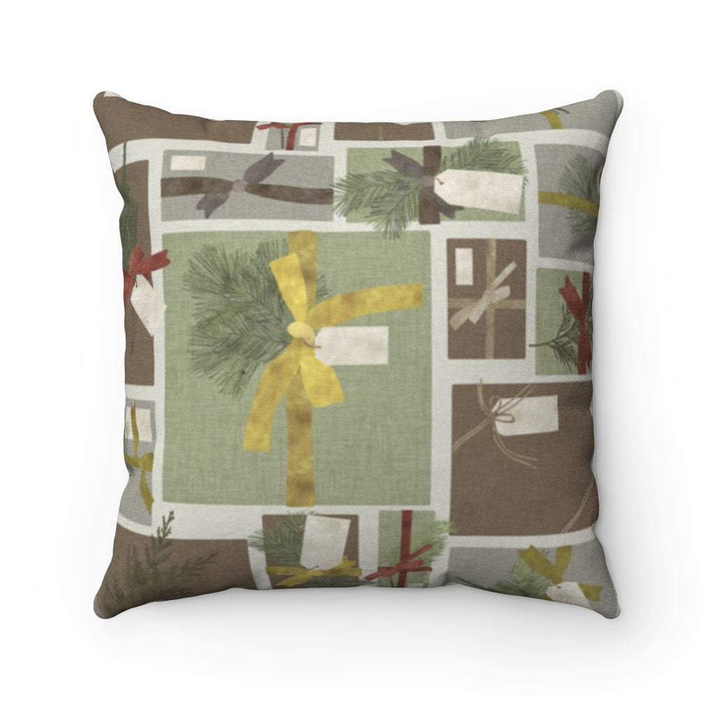 Presents Square Throw Pillow in Brown